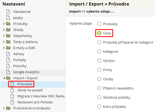 import cenových variant