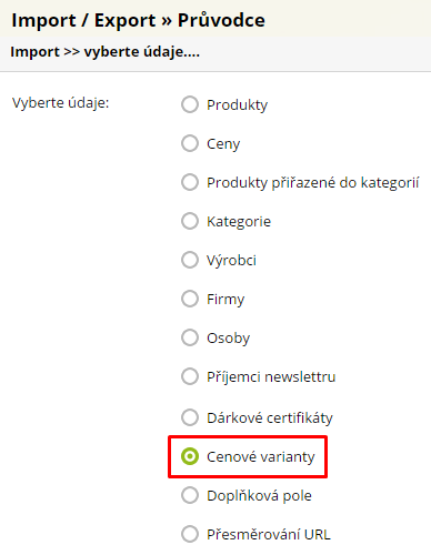 import cenových variant