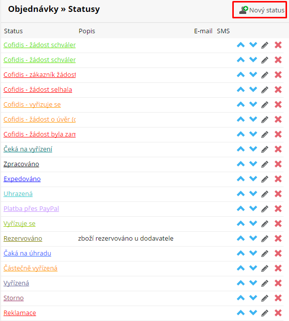 Přednastavené statusy objednávek