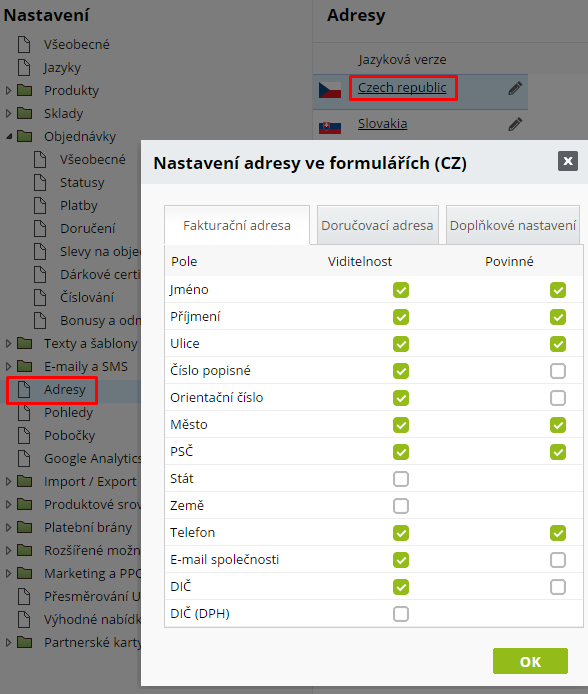 nastavení fakturační dodací adresy