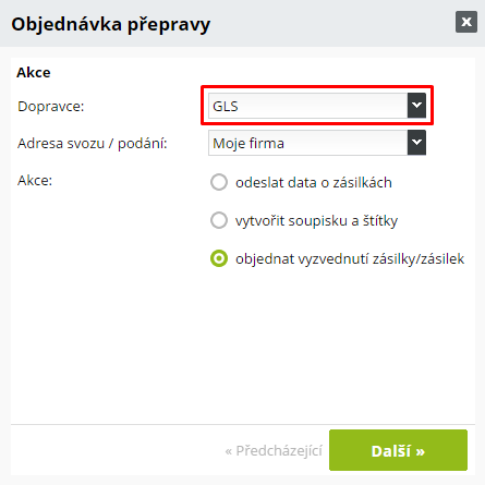 objednávka přepravy GLS