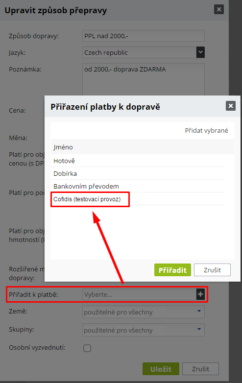 přiřazení dopravy k platbě