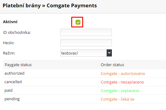 Nastavení platební brány Comgate v e-shopu