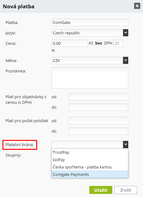 Nová platba Comgate