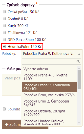 Heureka point - výběr výdejního místa