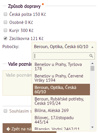 možnost dopravy Zásilkovna v objednávkovém formuláři