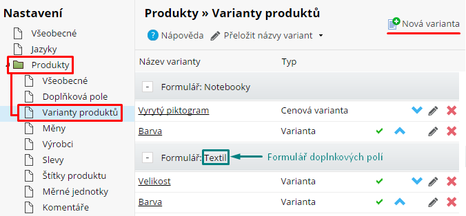 Varianty produktů