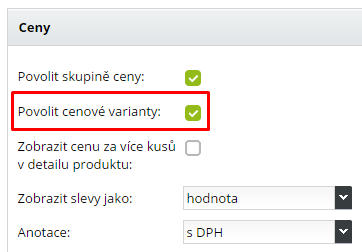 Aktivace cenových variant