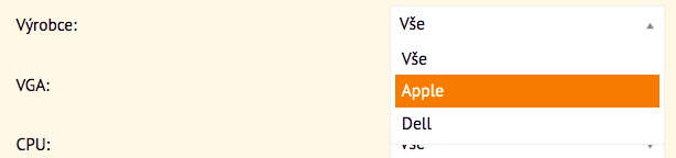 výrobce - select box, filtrování podle vlastností