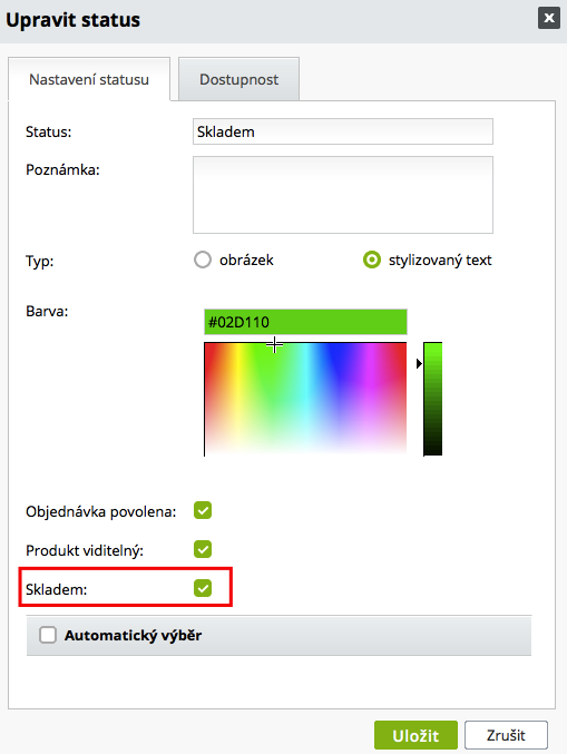 jak nastavit status Skladem
