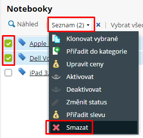 smazání produktů