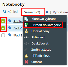 přiřadit produkty do kategorie