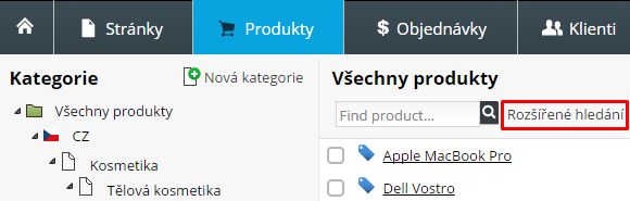 filtrování produktů v e-shopu