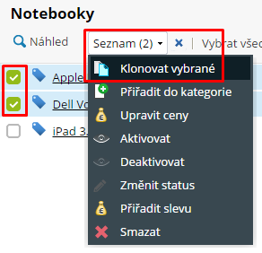 kopírování produktů v e-shopu