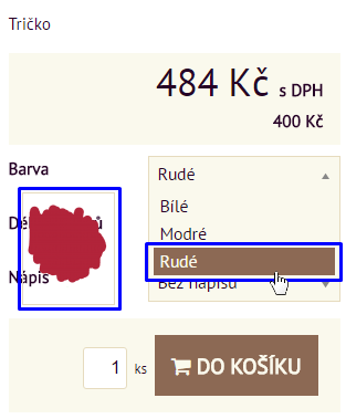 náhled variantu v e- shopu - rozbalovací menu 