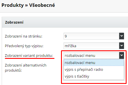 zobrazení variant produktů