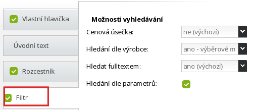 nastavení filtrování v kategorii e-shopu