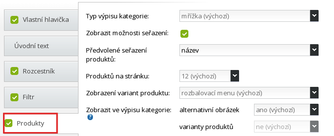 nastavení zobrazení produktů v kategorii e-shopu