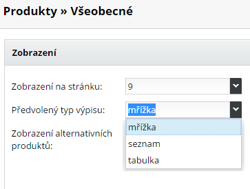 Nastavení zobrazování katalogu produktů