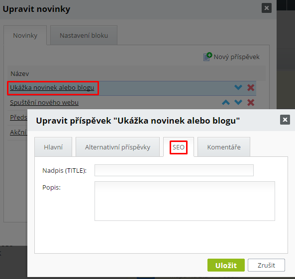 Záložka SEO v bloku Novinky