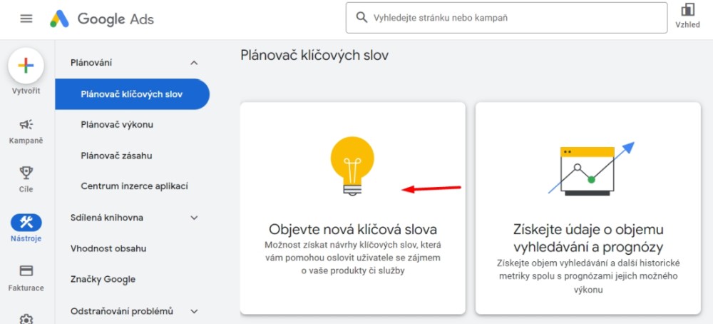 Google Ads plánovač klíčových slov