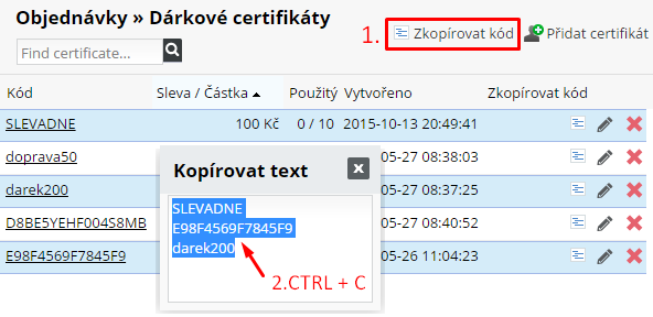 hromadné kopírování kódů dárkových certifikátů