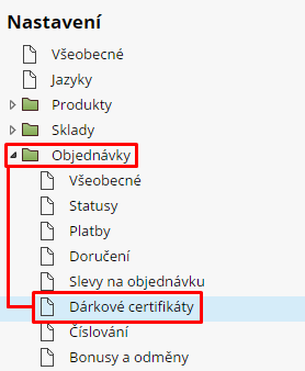 dárkové certifikáty v nastaveních