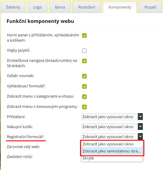 Zobrazení registračního formuláře