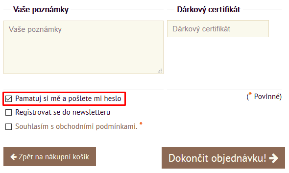 registrace zákazníka při objednávce