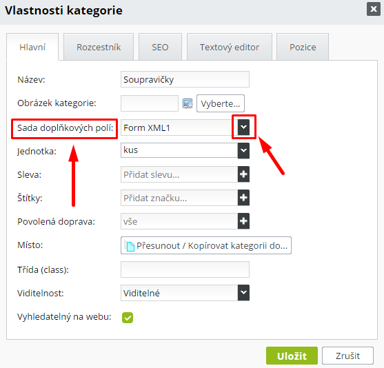 sada doplňkových polí u kategorie