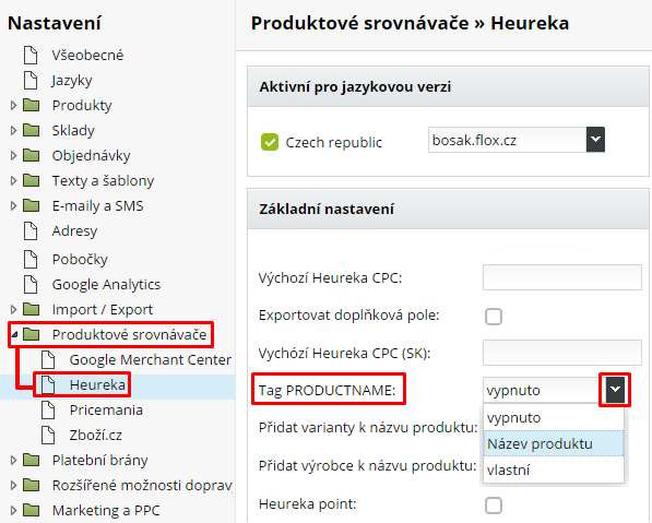 Aktivace možnosti používat tag producname