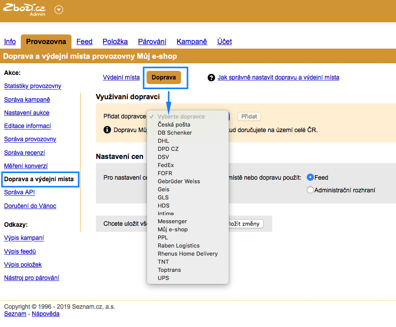 možnosti nastavení dopravy ve Zboží.cz