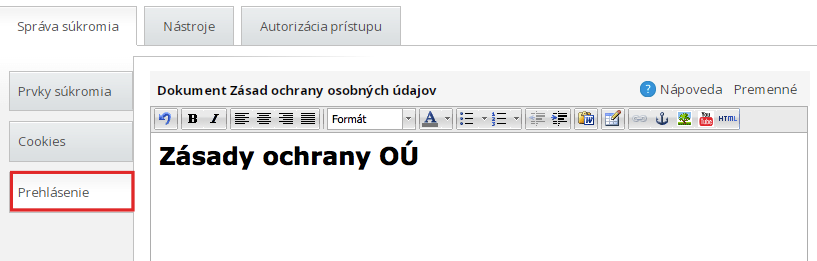 prohlášení - nastavení cookies lišty