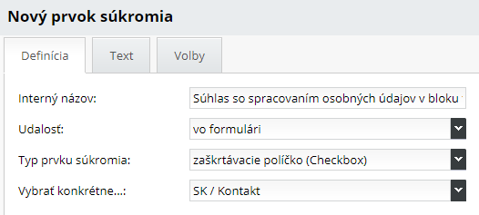 souhlas se zpracováním osobních údajů ve formuláři - nastavení