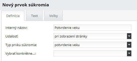 Okno pro potvrzení věku - základní nastavení