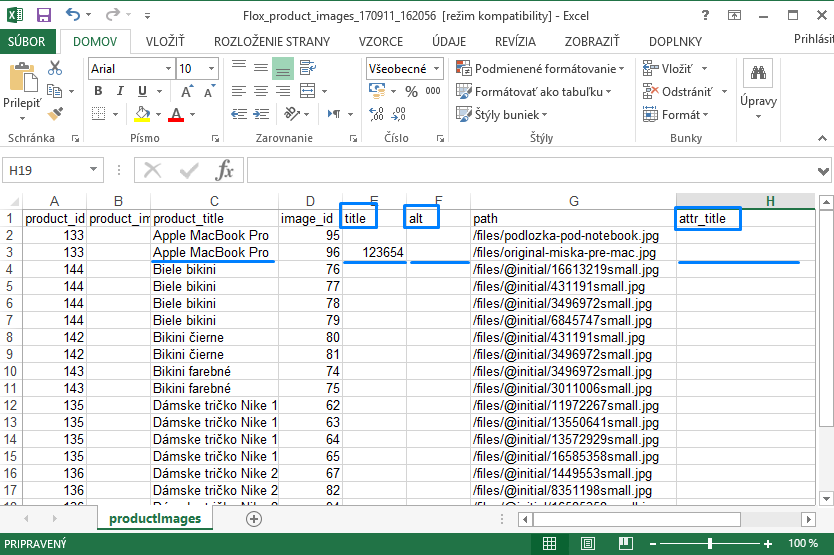 úprava popisků v produktové fotogalerii přes excel