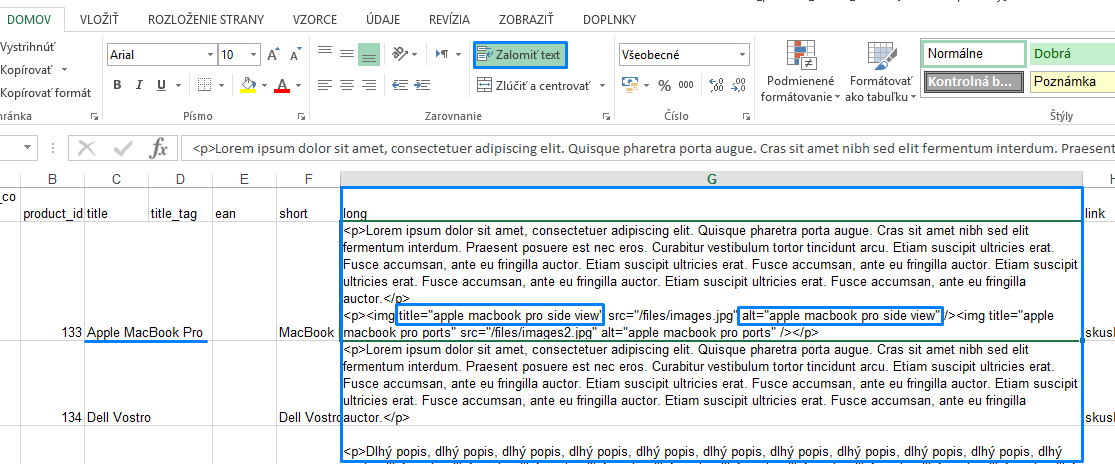 jak upravit dlouhý popis produktu přes excel