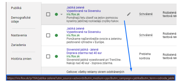 informace o URL adrese s vlastním parametrem sledování