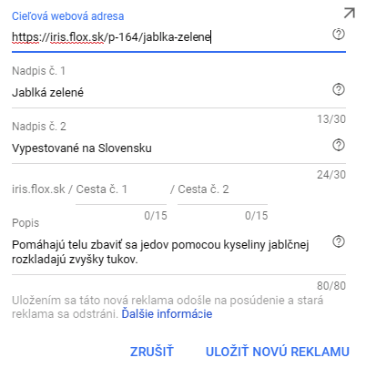 změna původní cílové URL v AdWords