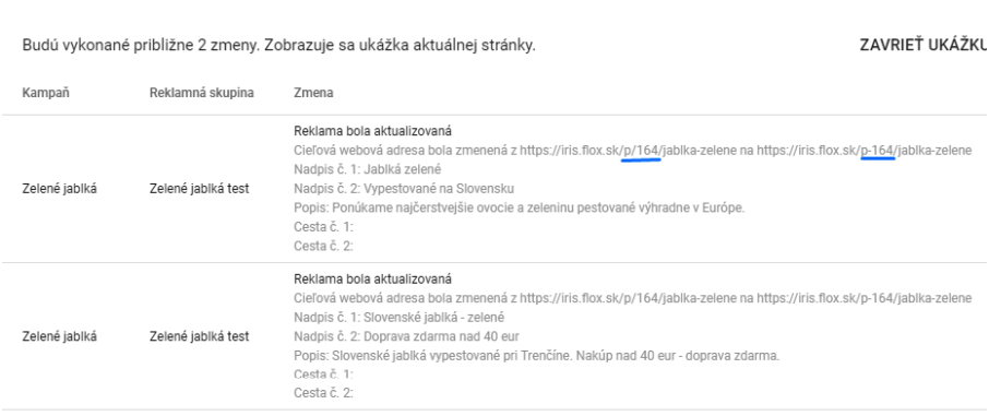 ukázka změn URL adres v AdWords