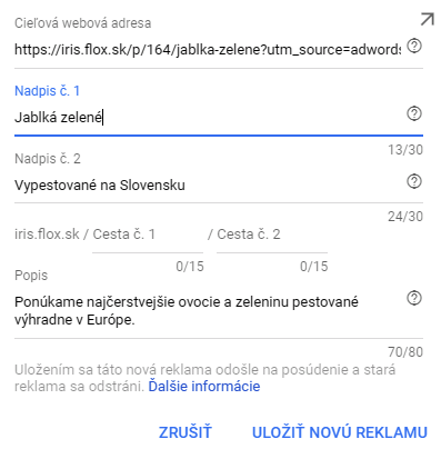 původní URL adresa v AdWords