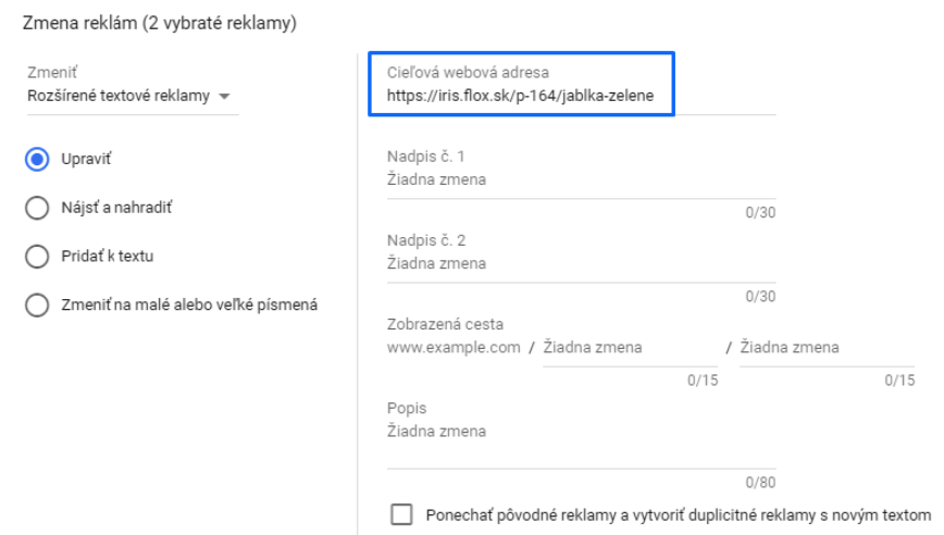 změna URL adresy v textové reklamě