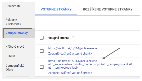 změna URL adresy vstupní stránky s vlastním parametrem sledování