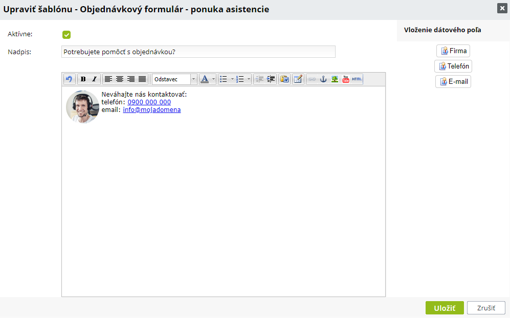 Rychlý kontakt v objednávkovém formuláři - nastavení| ByznysWeb