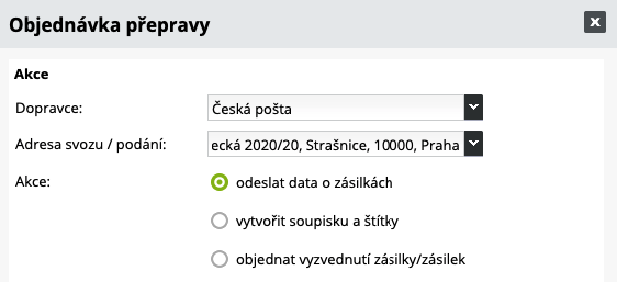 Odeslání dat o zásilkách do České Pošty