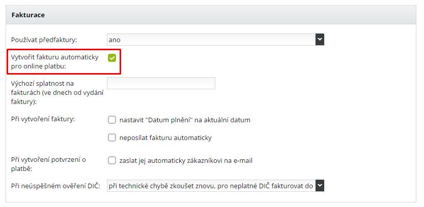 Nastavení faktur a předfaktur pro platební brány