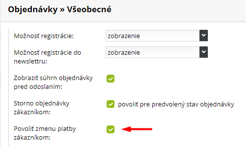 Aktivace změny platby zákazníkem