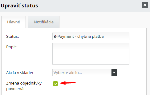 Nastavení statusu pro změnu platby objednávky zákazníkem