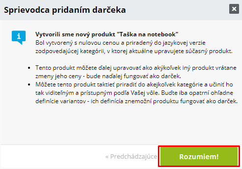 Potvrdenie vytvorenia nového produktu