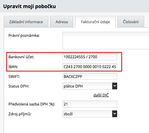 úprava fakturační pobočky